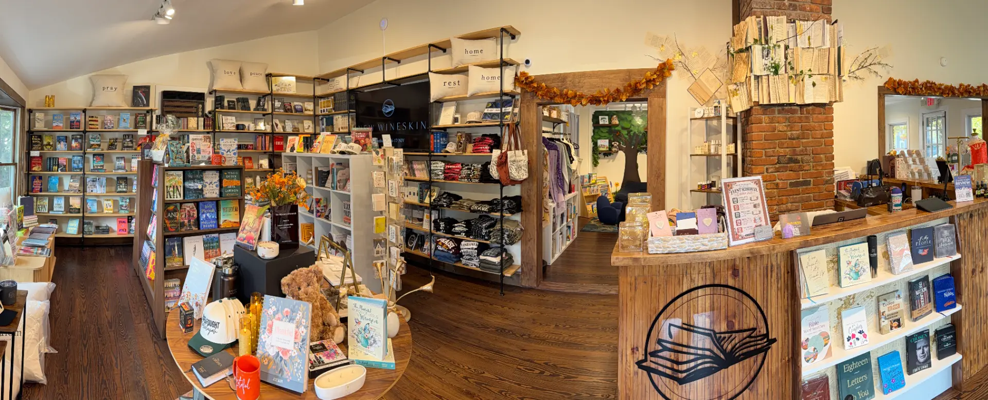 Panoramic view inside the New Wineskin Emporium bookstore